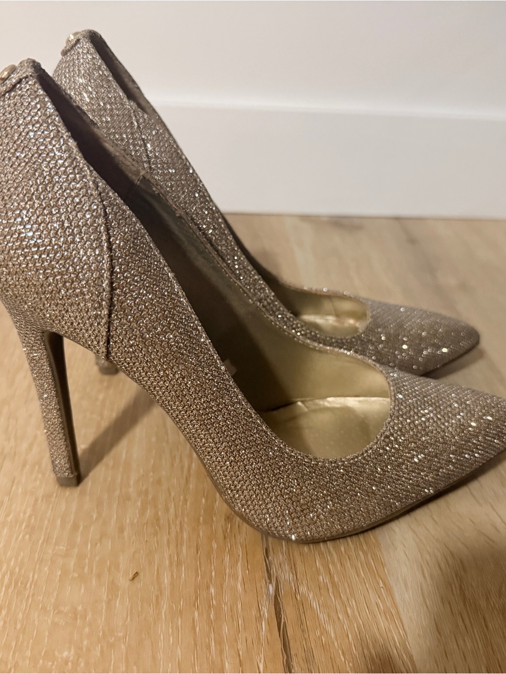 G by Guess Champagne Gold Glitter Pointed Toe Stiletto Heels